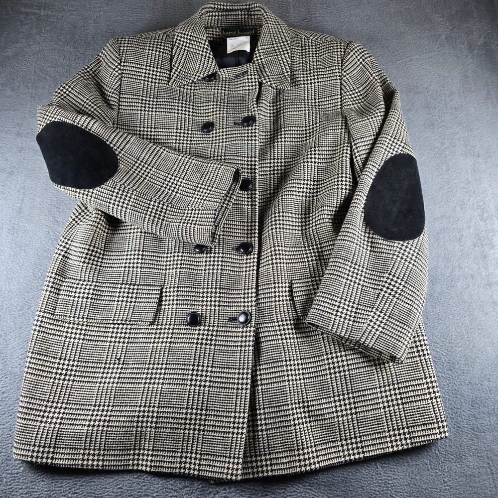 Harve Benard Wool Plaid Double Breasted Coat Elbow Patches Black Tan Size 10
